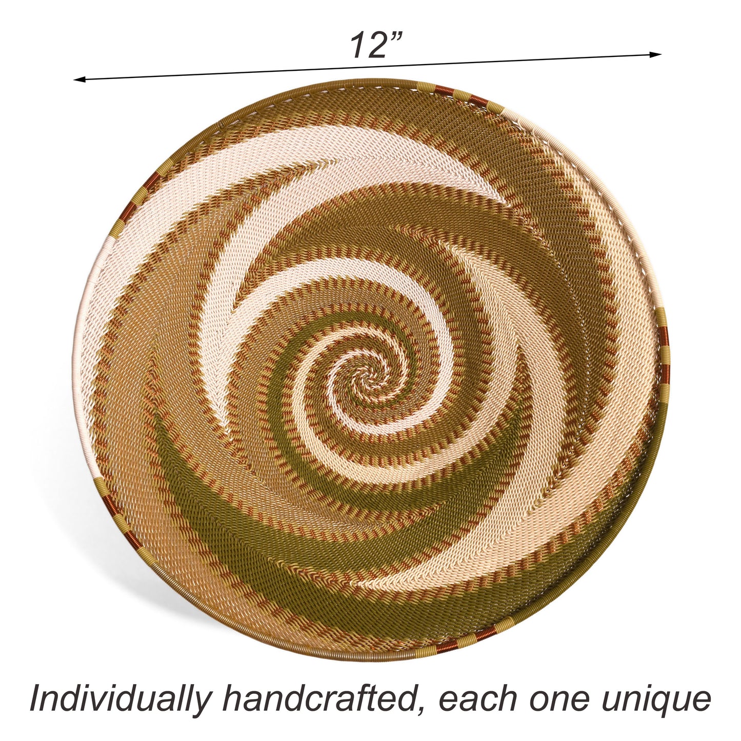 Fair Trade Zulu Telephone Wire 12" Shallow Platter Basket, Olive Green