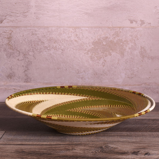 Fair Trade Zulu Telephone Wire 12" Shallow Platter Basket, Olive Green