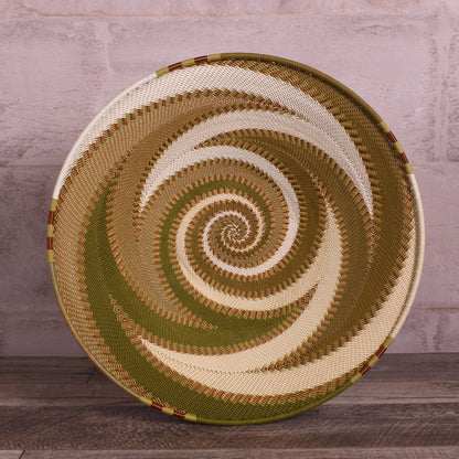 Fair Trade Zulu Telephone Wire 12" Shallow Platter Basket, Olive Green