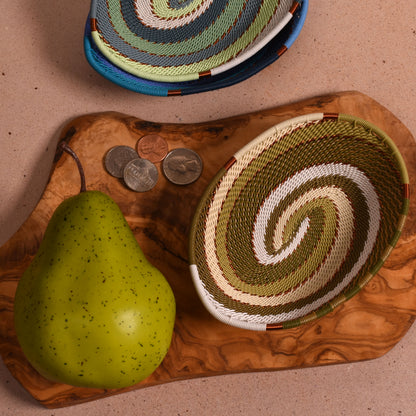 Fair Trade Zulu Telephone Wire Small Oval Bowl Basket, Olive