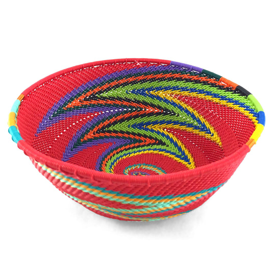 Handwoven Zulu Telephone Wire 5" Round Shallow Bowl Basket, Red Rainbow