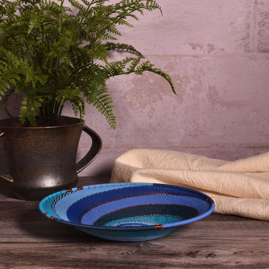 Fair Trade Zulu Telephone Wire 8" Shallow Platter Basket, Sapphire Blue