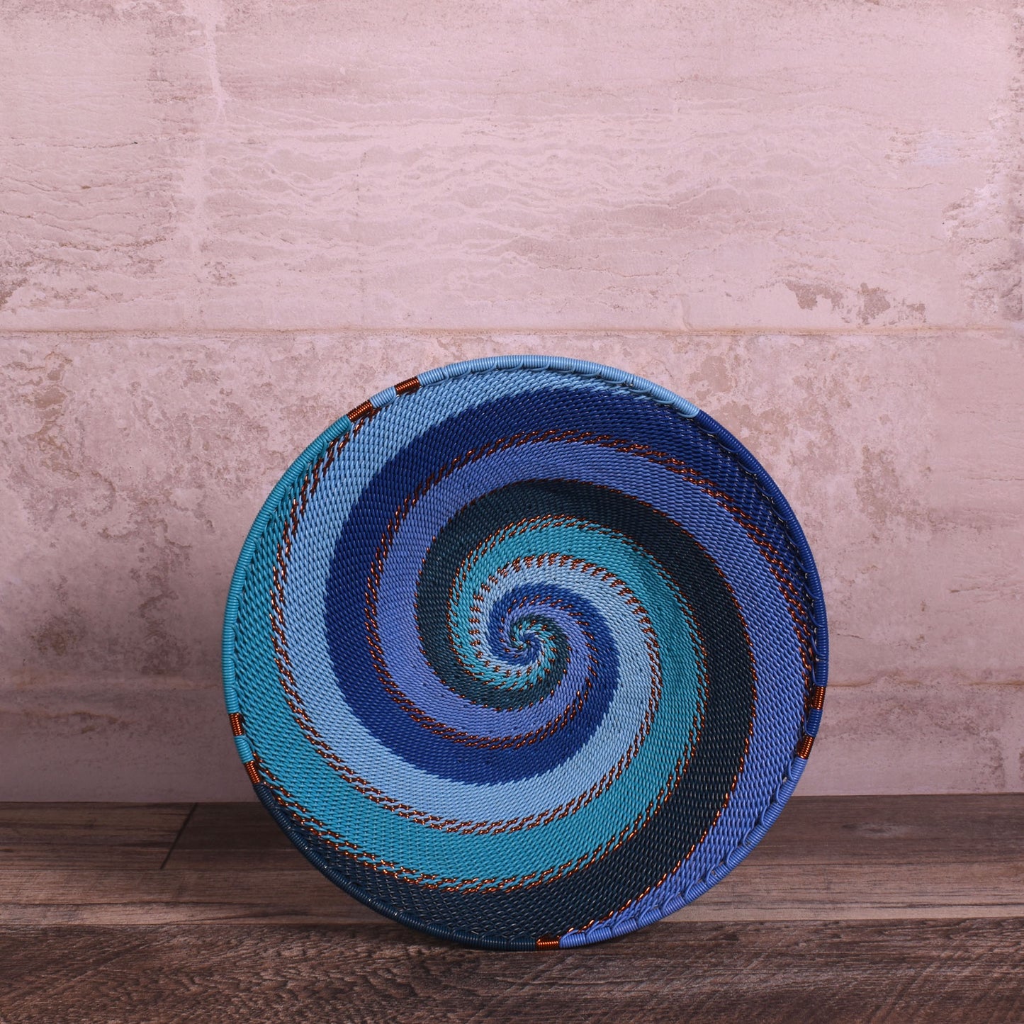 Fair Trade Zulu Telephone Wire 8" Shallow Platter Basket, Sapphire Blue