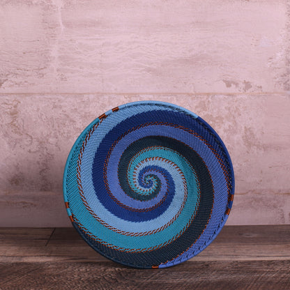 Fair Trade Zulu Telephone Wire 8" Shallow Platter Basket, Sapphire Blue