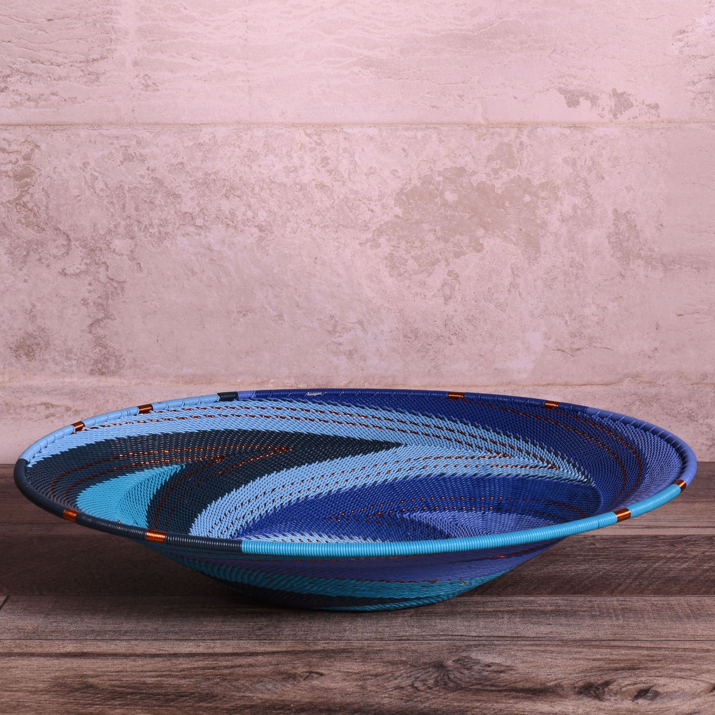 Fair Trade Zulu Telephone Wire 12" Shallow Basket, Sapphire Blue Version B