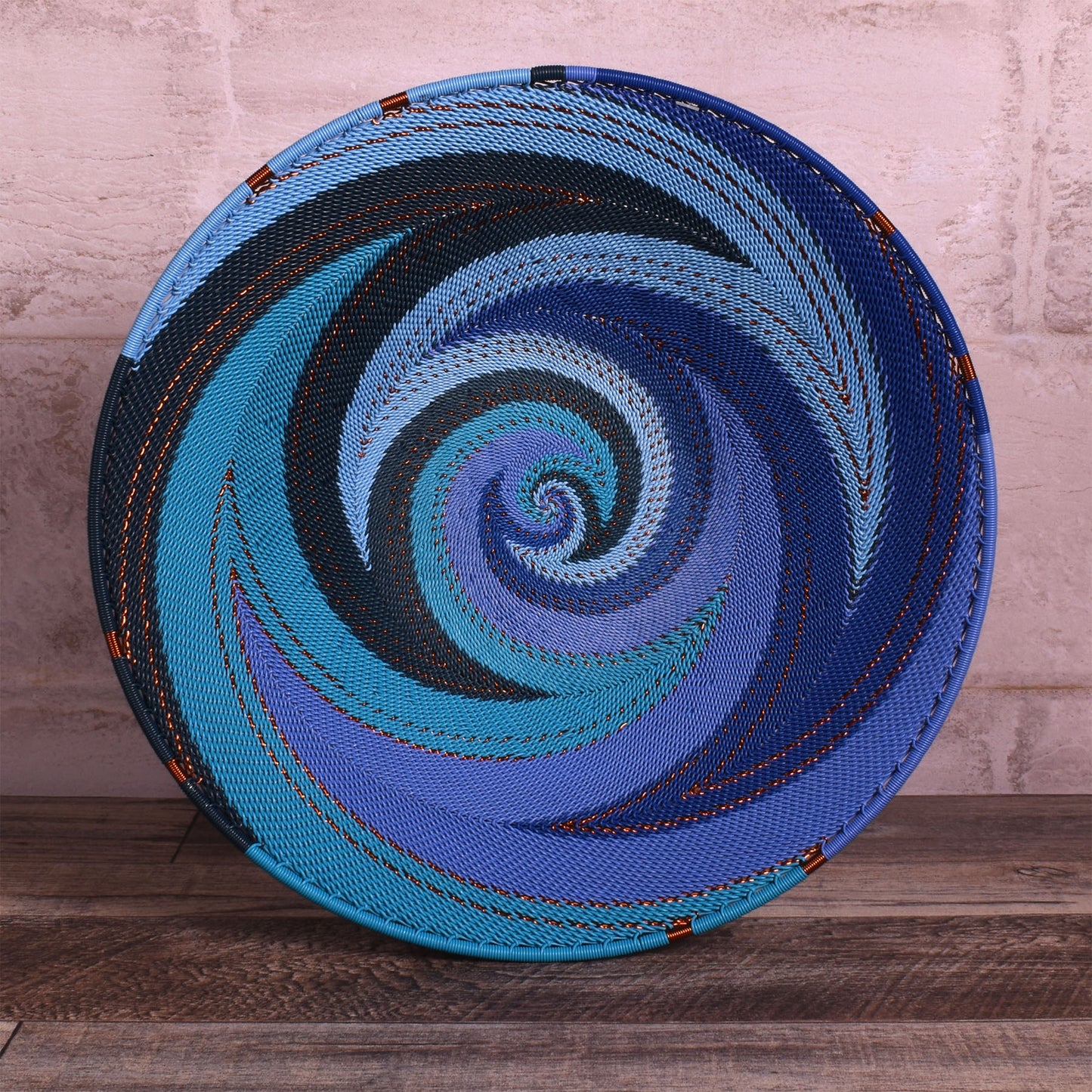 Fair Trade Zulu Telephone Wire 12" Shallow Basket, Sapphire Blue Version B