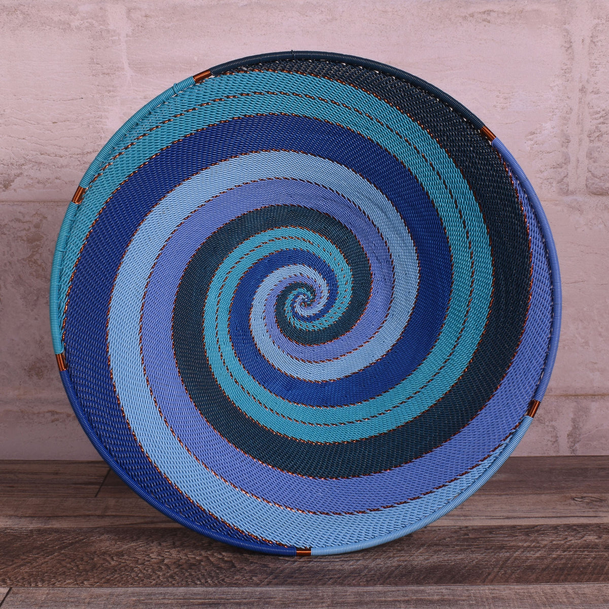 Fair Trade Zulu Telephone Wire 12" Shallow Platter Basket, Sapphire
