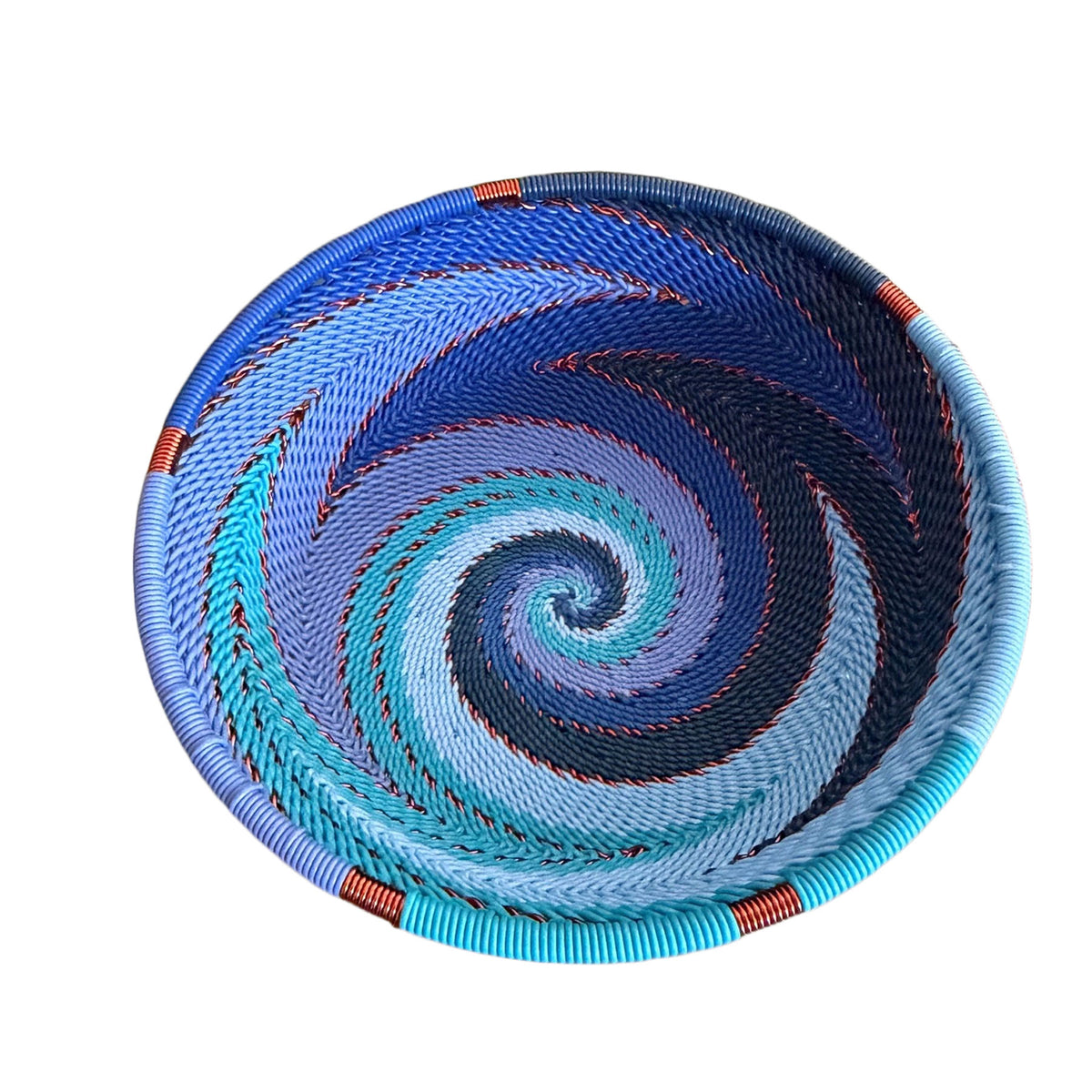 Handwoven Zulu Telephone Wire 5" Round Shallow Bowl Basket, Sapphire Blue
