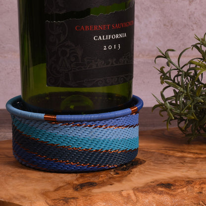 Fair Trade Zulu Telephone Wire Bottle Coaster Caddy Basket, Sapphire Blue