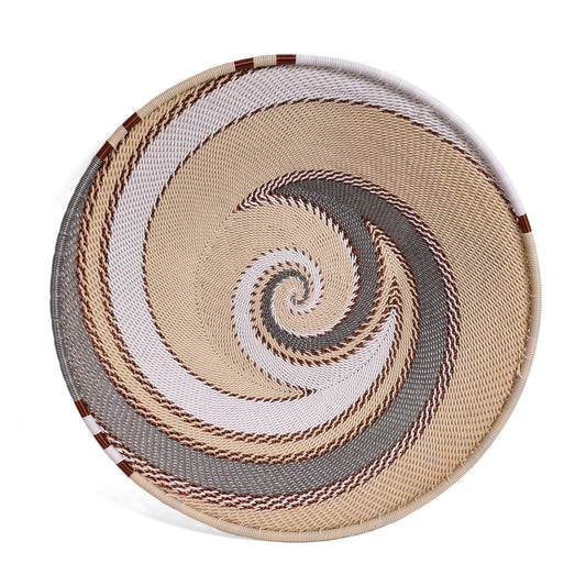 African Fair Trade Zulu Telephone Wire 9" Platter Basket, Silver Sea, Each One Unique (SS-24P-B)
