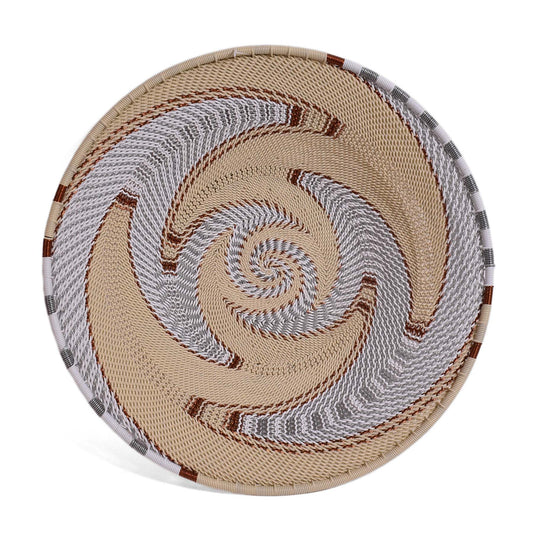African Fair Trade Zulu Telephone Wire 9" Platter Basket, Silver Sea, Each One Unique (SS-24P-E)