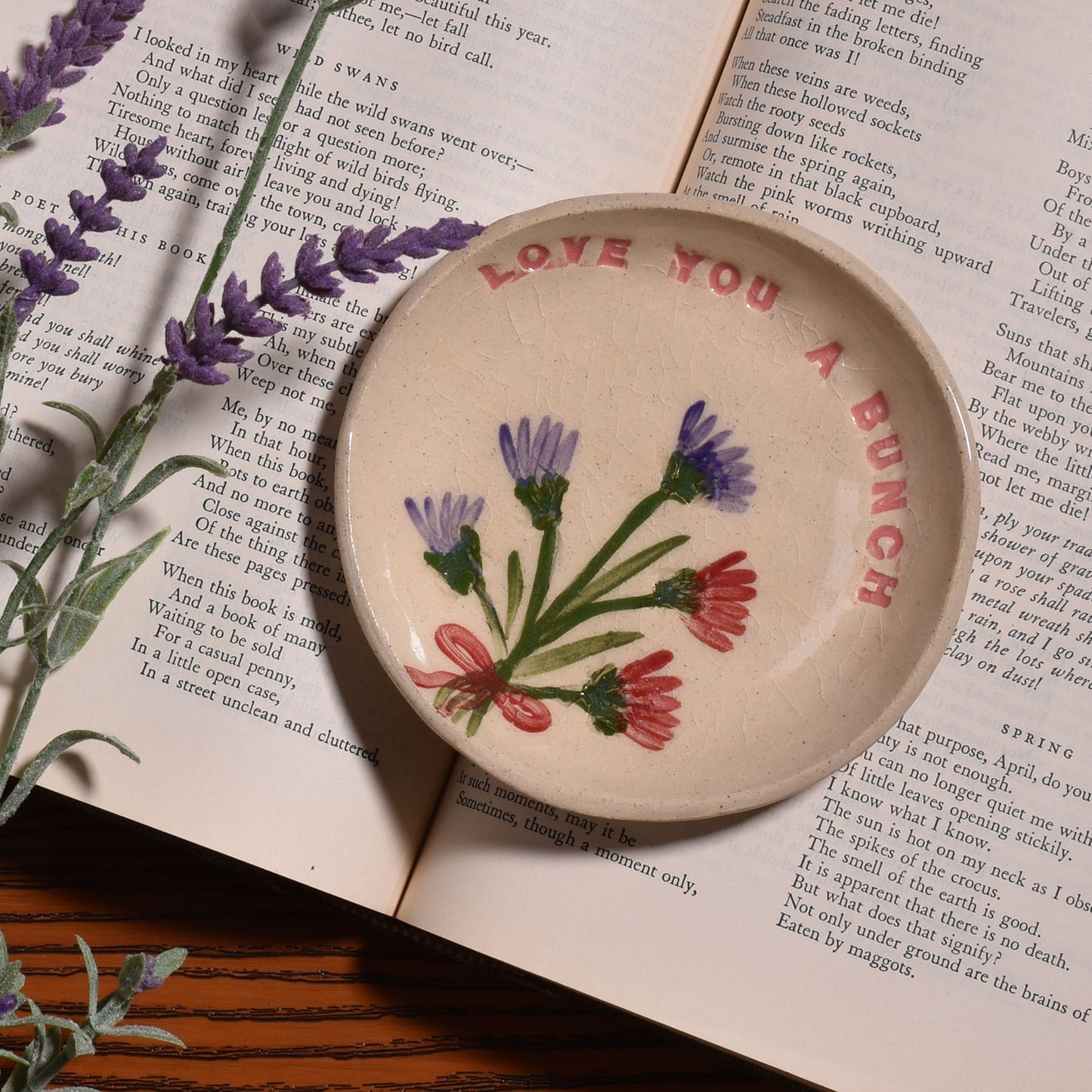 Love You a Bunch 4-1/4" Floral Trinket Dish by Tara Kothari, Handmade American Pottery
