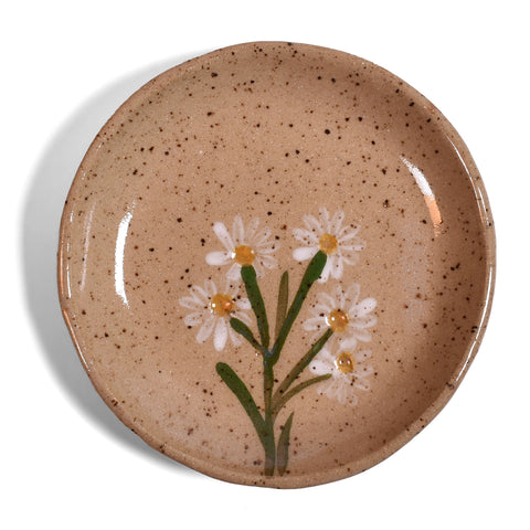 White Daisies on Rustic Glaze 4-1/4" Trinket Dish by Tara Kothari, Handmade American Pottery