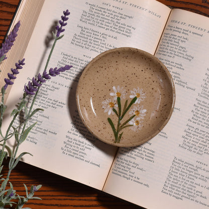 White Daisies on Rustic Glaze 4-1/4" Trinket Dish by Tara Kothari, Handmade American Pottery