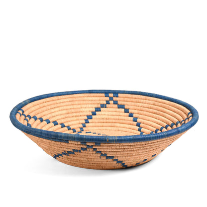 African Handwoven 15" Raffia Bowl Basket from Uganda, Blue/Natural