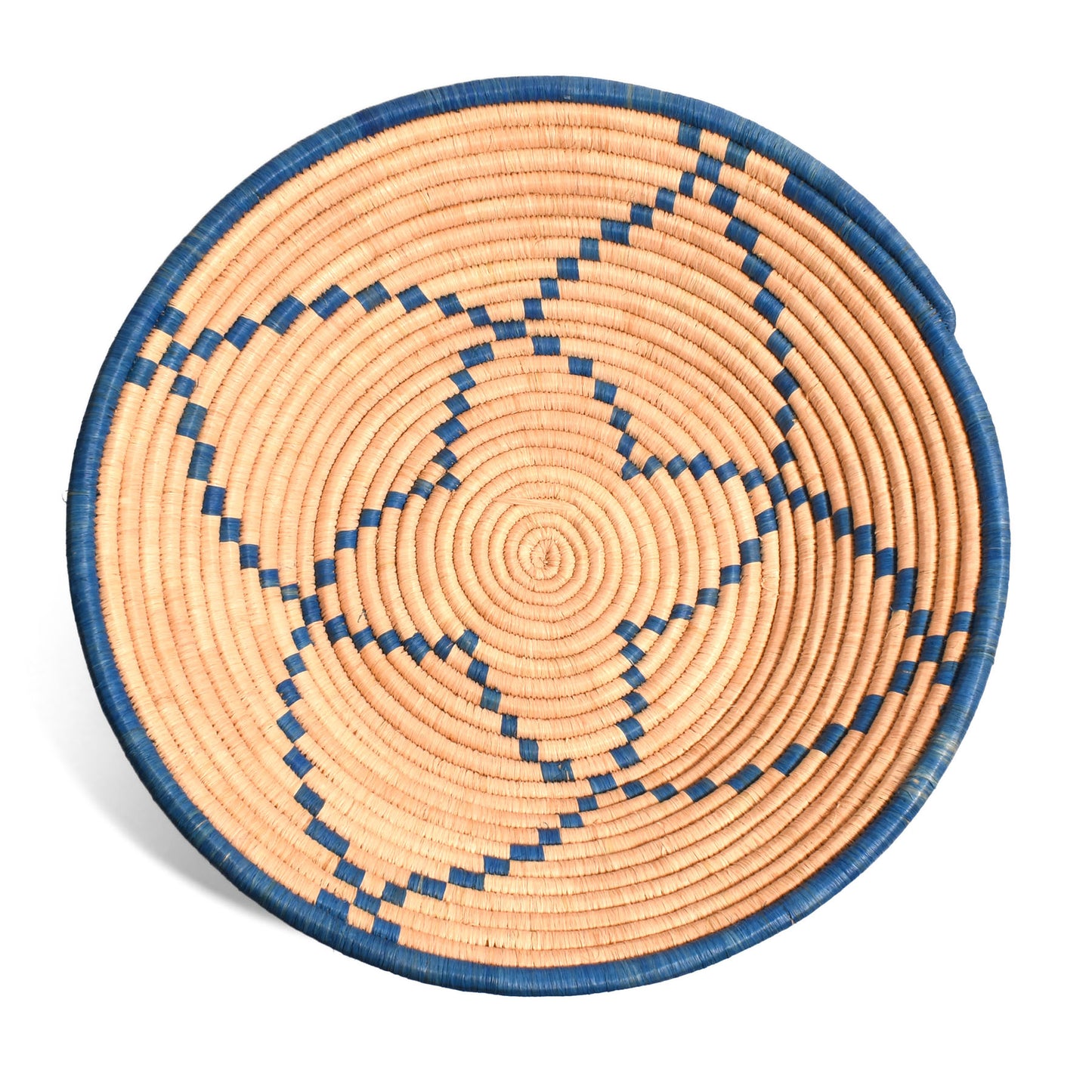 African Handwoven 15" Raffia Bowl Basket from Uganda, Blue/Natural