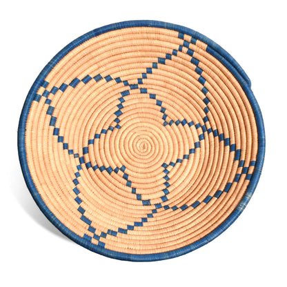 African Handwoven 15" Raffia Bowl Basket from Uganda, Blue/Natural