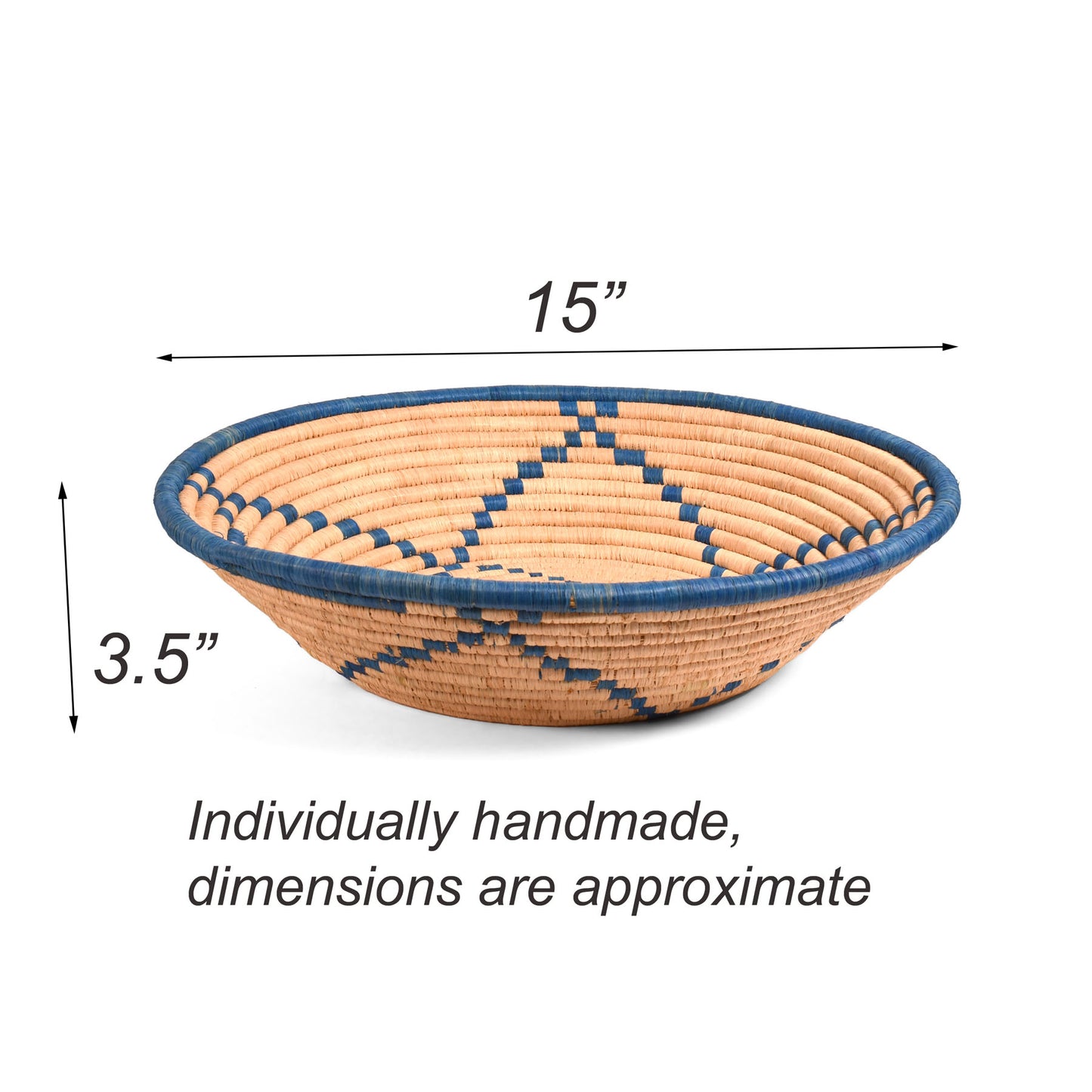African Handwoven 15" Raffia Bowl Basket from Uganda, Blue/Natural