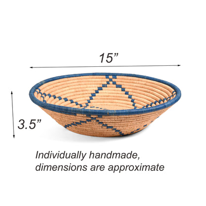 African Handwoven 15" Raffia Bowl Basket from Uganda, Blue/Natural