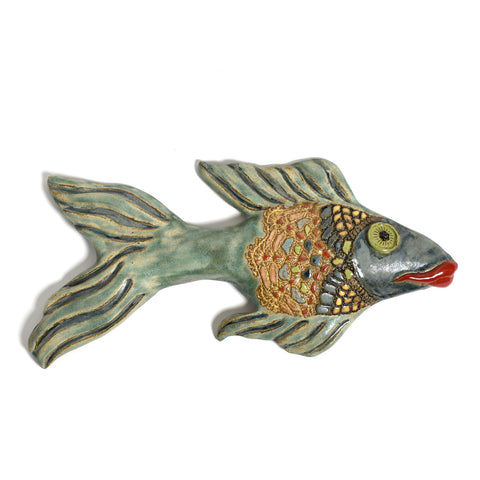 Fischer in Old Copper Ceramic Fish Wall Plaque by Laurie Pollpeter Eskenazi, Handmade American Pottery