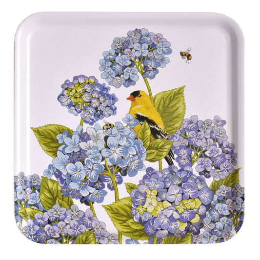 Mary Lake-Thompson Gold Finch with Hydrangea 13" Square Laminated Wood Tray