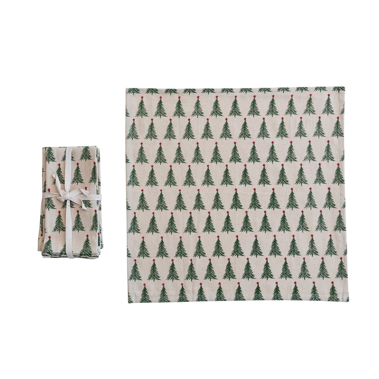 Stonewashed Cotton Printed Napkins with Christmas Tree Pattern, Set of 4
