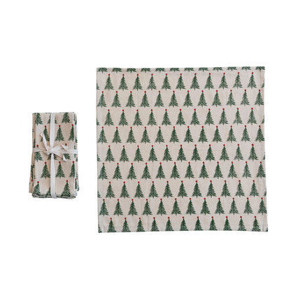 Stonewashed Cotton Printed Napkins with Christmas Tree Pattern, Set of 4