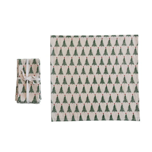 Stonewashed Cotton Printed Napkins with Christmas Tree Pattern, Set of 4