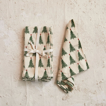 Stonewashed Cotton Printed Napkins with Christmas Tree Pattern, Set of 4