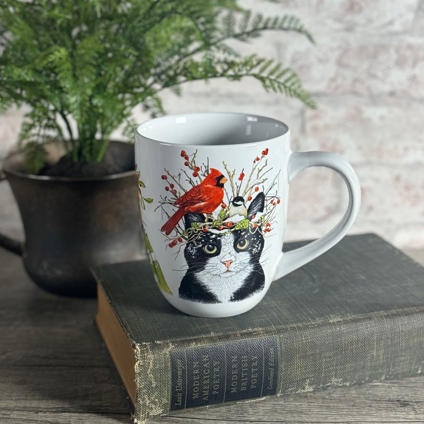Mary Lake-Thompson Winter Cat and Birds 16-ounce Stoneware Mug
