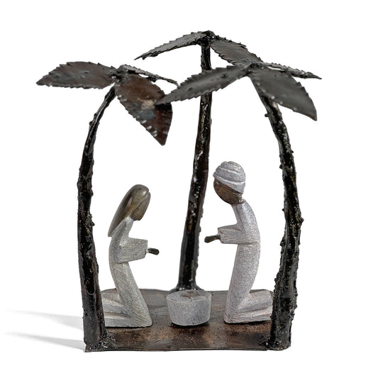 Carved Serpentine Stone Nativity with Recycled Metal Palm Trees, Handmade in Zimbabwe, Each One Unique