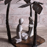 Carved Serpentine Stone Nativity with Recycled Metal Palm Trees, Handmade in Zimbabwe, Each One Unique