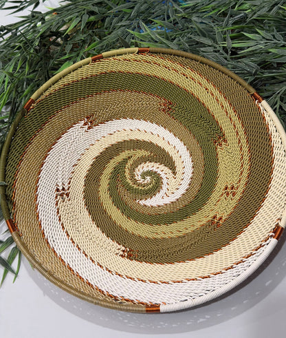 Fair Trade Zulu Telephone Wire 12" Shallow Platter Basket, Olive