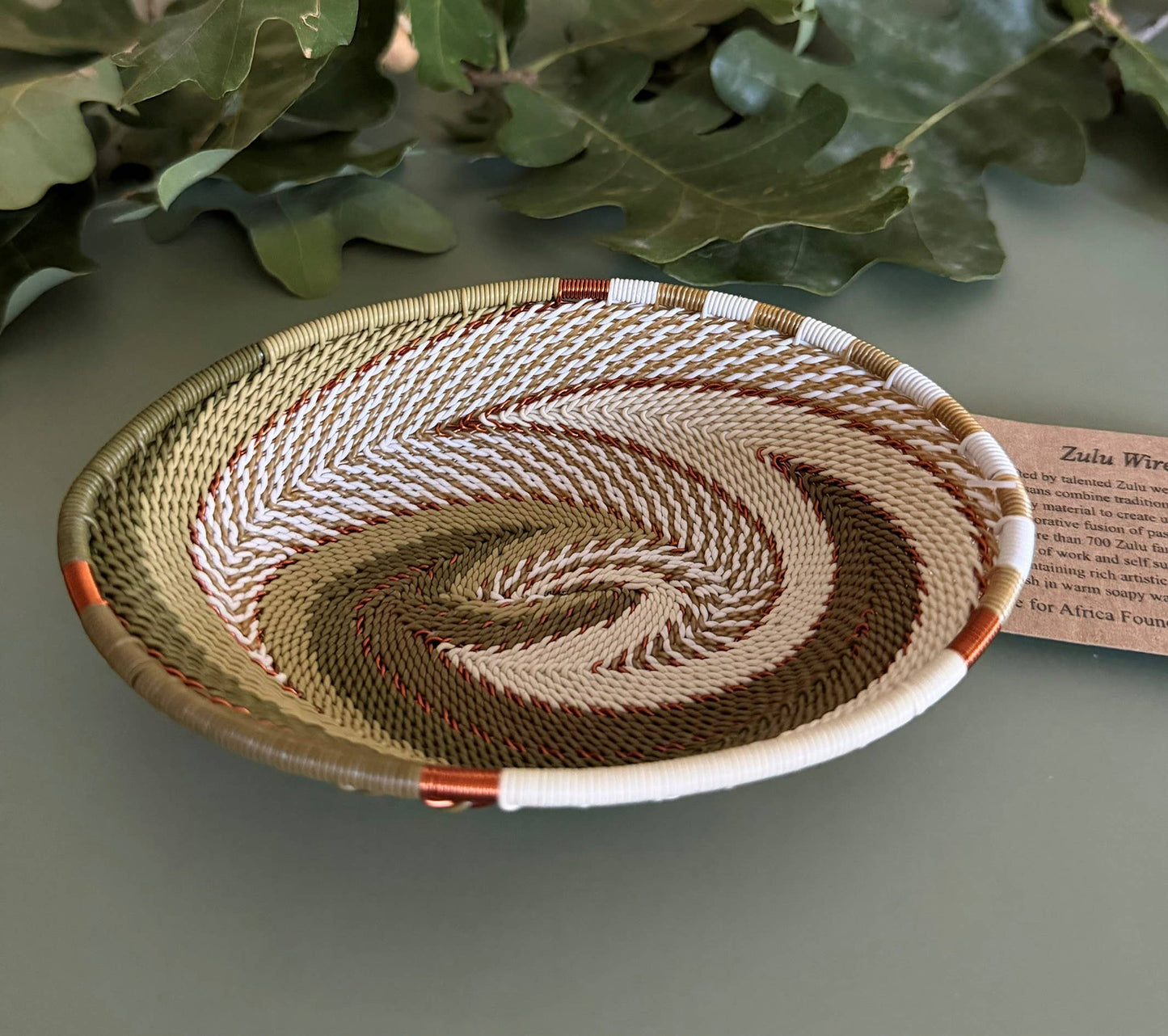 Fair Trade Zulu Telephone Wire 5.5" Small Oval Bowl Basket, Olive