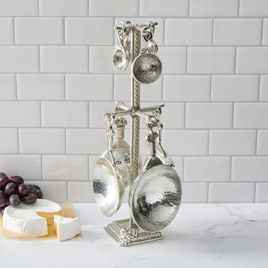 Crosby & Taylor Vineyard Pewter Measuring Cups and Spoons with Display Post, 9-piece Set, Handmade in the USA