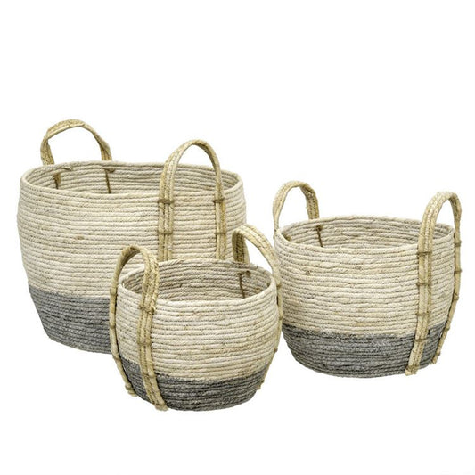 Indaba Grass Baskets with Handles, Gray/Ivory, Set of 3