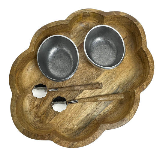 Handmade Cloud-Shaped Mango Wood and Cast Aluminum 5-piece Chip and Dip Set