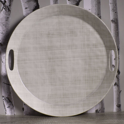 Merritt Luxe Linen 17" Round Melamine Serving Tray with Cutout Handles, Beige