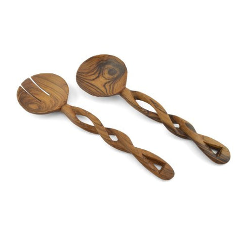 Kenyan Hand Carved Twisted Olive Wood Salad Serving Set - The Barrington Garage