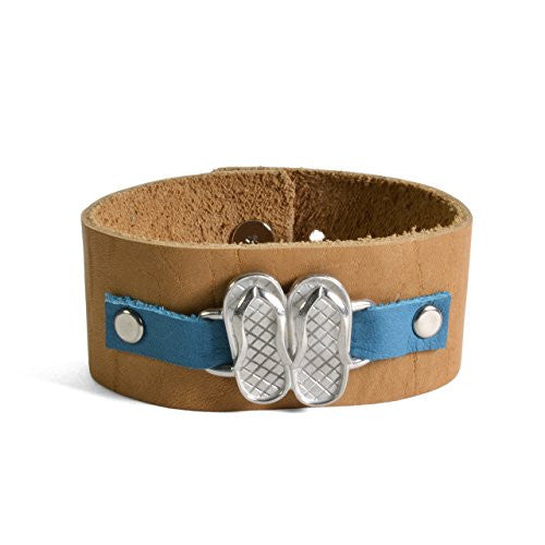 Vilmain Flip-Flops Cuff Bracelet with Rustico Leather Band, Blue/Light Brown - The Barrington Garage