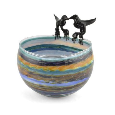 Jim Loewer Striped Blown Glass Bowl with Two Birds, Multicolor - The Barrington Garage