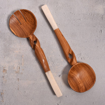African Hand Carved Olive Wood Salad Servers with White Bone Handles