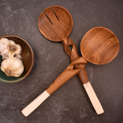 African Hand Carved Olive Wood Salad Servers with White Bone Handles