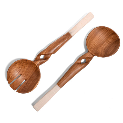 African Hand Carved Olive Wood Salad Servers with White Bone Handles