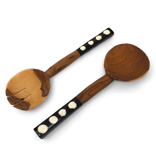 Hand Carved Olive Wood Salad Servers with Polka Dot Bone Handles