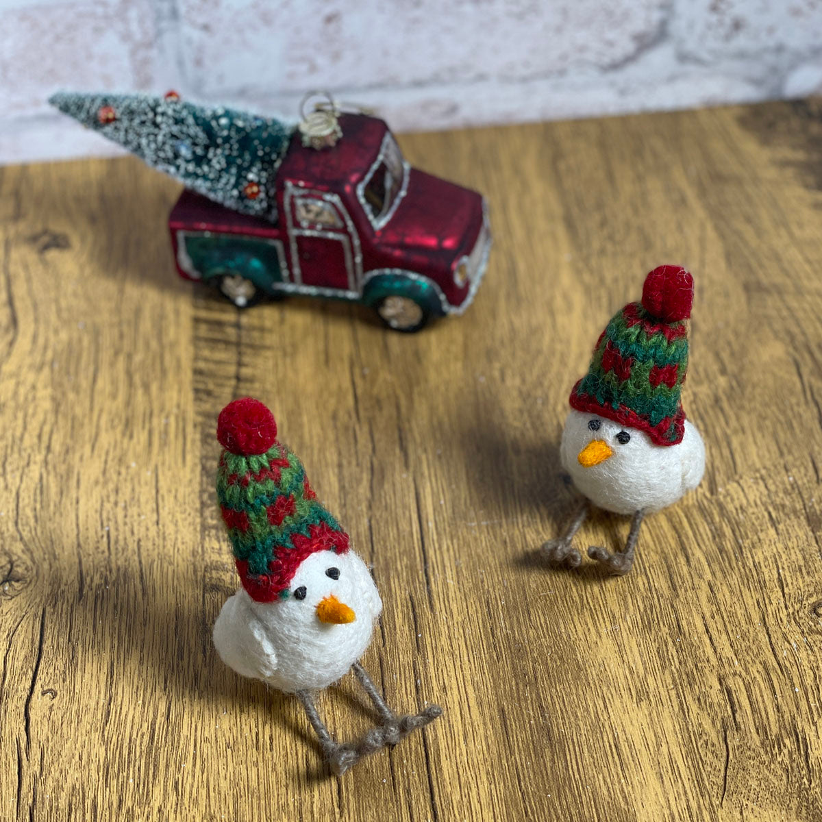Birdy with a Beanie Felted Wood Ornament, Handmade in Nepal, Set of 2