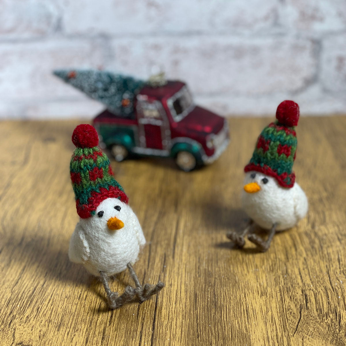 Birdy with a Beanie Felted Wood Ornament, Handmade in Nepal, Set of 2