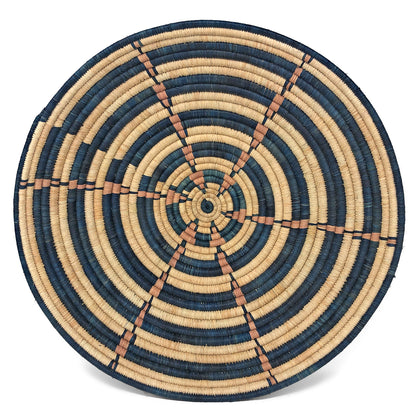 African Fair Trade Handwoven 16-inch Raffia Basket, Teal/Tan