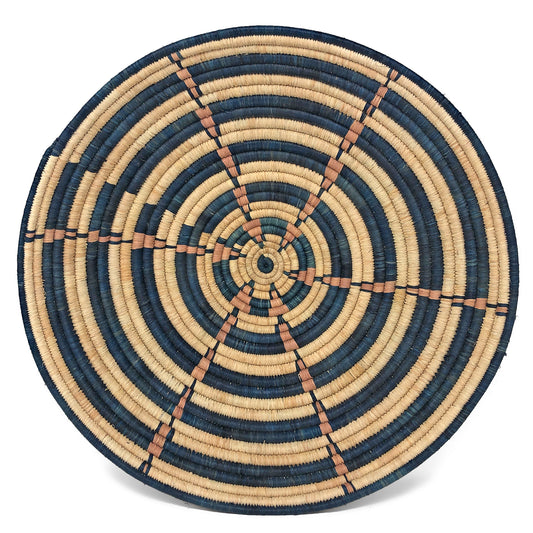 African Fair Trade Handwoven 16-inch Raffia Basket, Teal/Tan