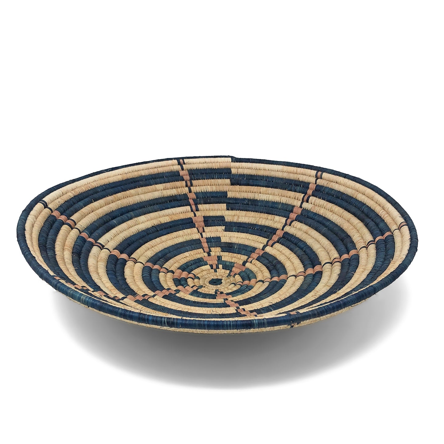 African Fair Trade Handwoven 16-inch Raffia Basket, Teal/Tan